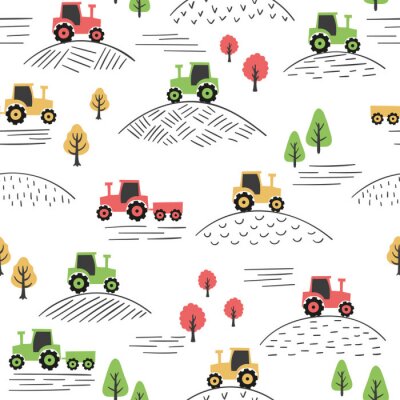 Tapete Seamless colorful pattern with doodle tractors.