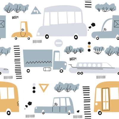 Tapete Seamless pattern with hand drawn cute car. Perfect for kids fabric,textile,nursery wallpaper.