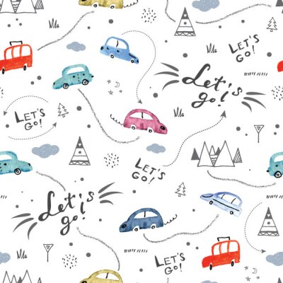 Tapete Seamless pattern with small cars and road signs on white background