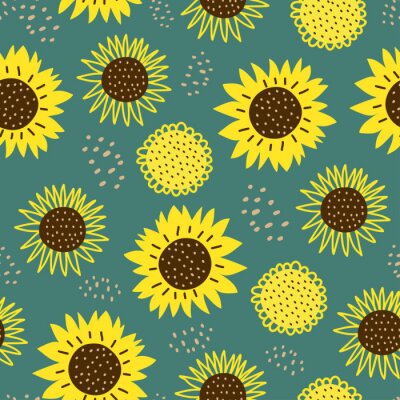 Tapete Seamless pattern with sun flowers. Cute hand drawn cartoon childish drawing style. Colorful background with ink texture vector illustration, good for fashion textile print.