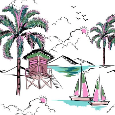 Tapete Trendy Hawaii in süßer Farbe nahtlosen Inselmustervektor. Landschaft mit Palmen, Strand und Ozeanvektor handgezeichneten Stil