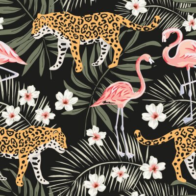 Tapete Wildtieren Flamingos und Blumen