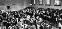 Traders rush, 1929, October in Wall Street as New York Stock Exchange crashed sparking a run on banks that spread accross the country. - October 1929 was the beginning of the 1929 Stock Market Crash. Within the first few hours the stock market was open, prices fell so far as to wipe out all the gains that had been made in the previous year. The Dow Jones Industrial Index closed at 230. Since the stock market was viewed as the chief indicator of the American economy, public confidence was shattered. Between October 29 and November 13 (when stock prices hit their lowest point) over 30 billion USD disappeared from the American economy. It took nearly twenty-five years for many stocks to recover. (Photo by - / AFP) (Photo by -/AFP via Getty Images) Getty ImagesGetty Images