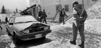 +++honorarpflichtig+++ A West German military police officer guards the car on the spot where it had been left yesterday afternoon by a terrorist dressed in a U.S. military uniform in front of the main building of the NATO military school in Oberammergau, Bavaria, West Germany, Wednesday December 19, 1984. The car carried 25 kg (55 pounds) of explosives but failed to explode. (AP Photo/Dieter Endlicher)