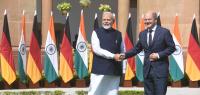 Indian Prime Minister Narendra Modi with German Chancellor Olaf Sholz shake hands during a photo-op at Hyderabad House. The two leaders are believed to have discussed collaboration in in the Indo-Pacific and enhanced security and trade between the two countries. (Photo by Sondeep Shankar/Pacific Press)