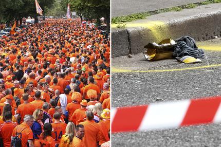 Angriff auf der Reeperbahn: Fußball: EM, Polen - Niederlande, Vorrunde, Gruppe D, Spieltag 1, Volksparkstadion Hamburg, Niederländische Fans feiern bei einem Fanmarsch in Hamburg.

 Ein Gegenstand markiert durch einen Spraykreis liegt am Einsatzort. Die Polizei hat nahe der Reeperbahn in Hamburg-St. Pauli einen mit einem Schieferhammer und einem Molotowcocktail bewaffneten Mann angeschossen. Er sei am Bein getroffen worden und werde medizinisch betreut, sagte ein Polizeisprecher am Sonntag.