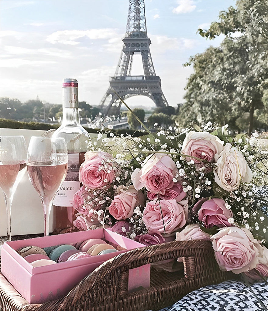 Rosa Blumen, Rotwein und Macaron Malen nach Zahlen