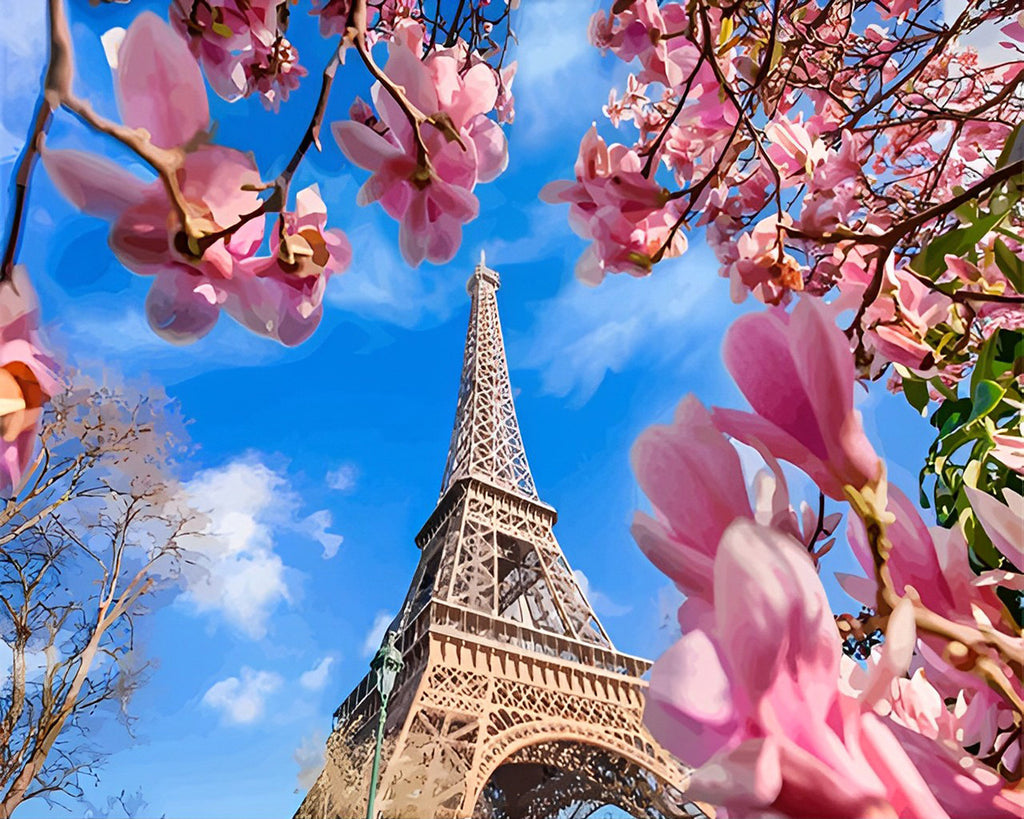 Rosa Magnolien und Eiffelturm Malen nach Zahlen