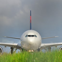 Ein gelandeter Jet hinter einer Wiese am Rand des Frankfurter Flughafens Fraport.