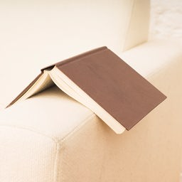 Ein Buch liegt auf der Armlehne eines Sofas.