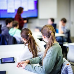 Schüler einer siebten Klasse hören in einem Klassenraum in einer Unterrichtsstunde ihrer Lehrerin zu.