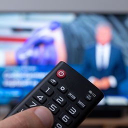 Eine Hand tippt auf eine TV-Fernbedienung, im Hintergrund unscharf der dazugehörige Fernseher, auf dem die tagesschau läuft.