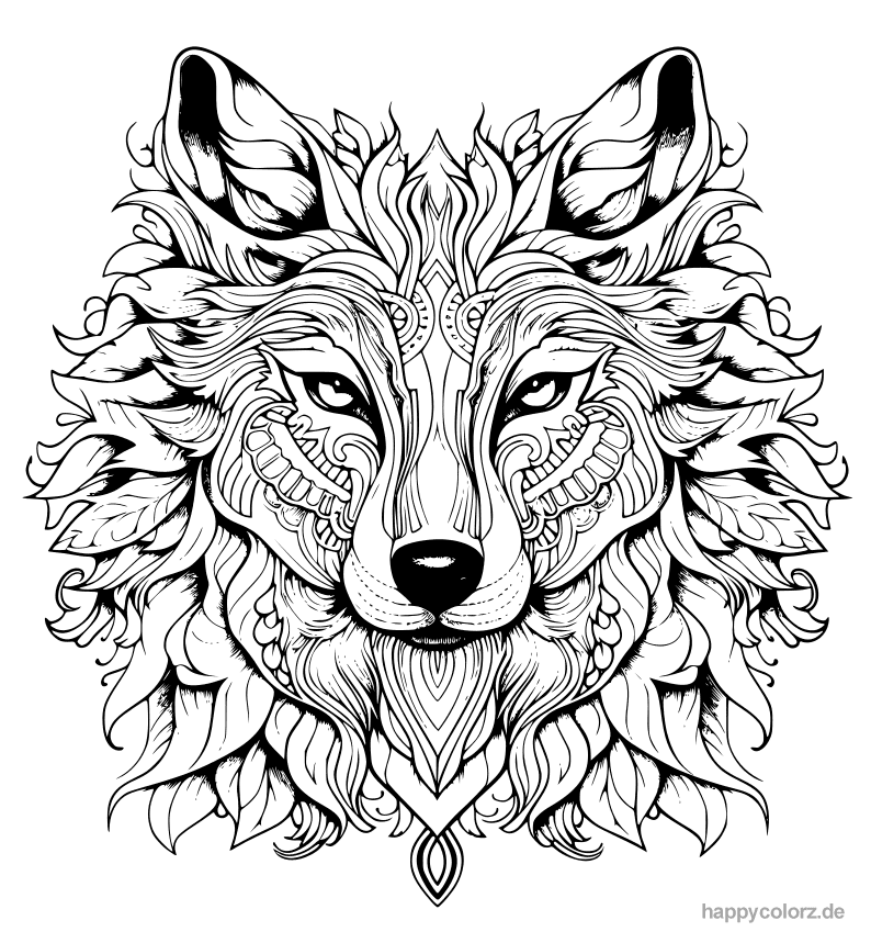 Wolf mit großer Mähne Mandala Ausmalbild