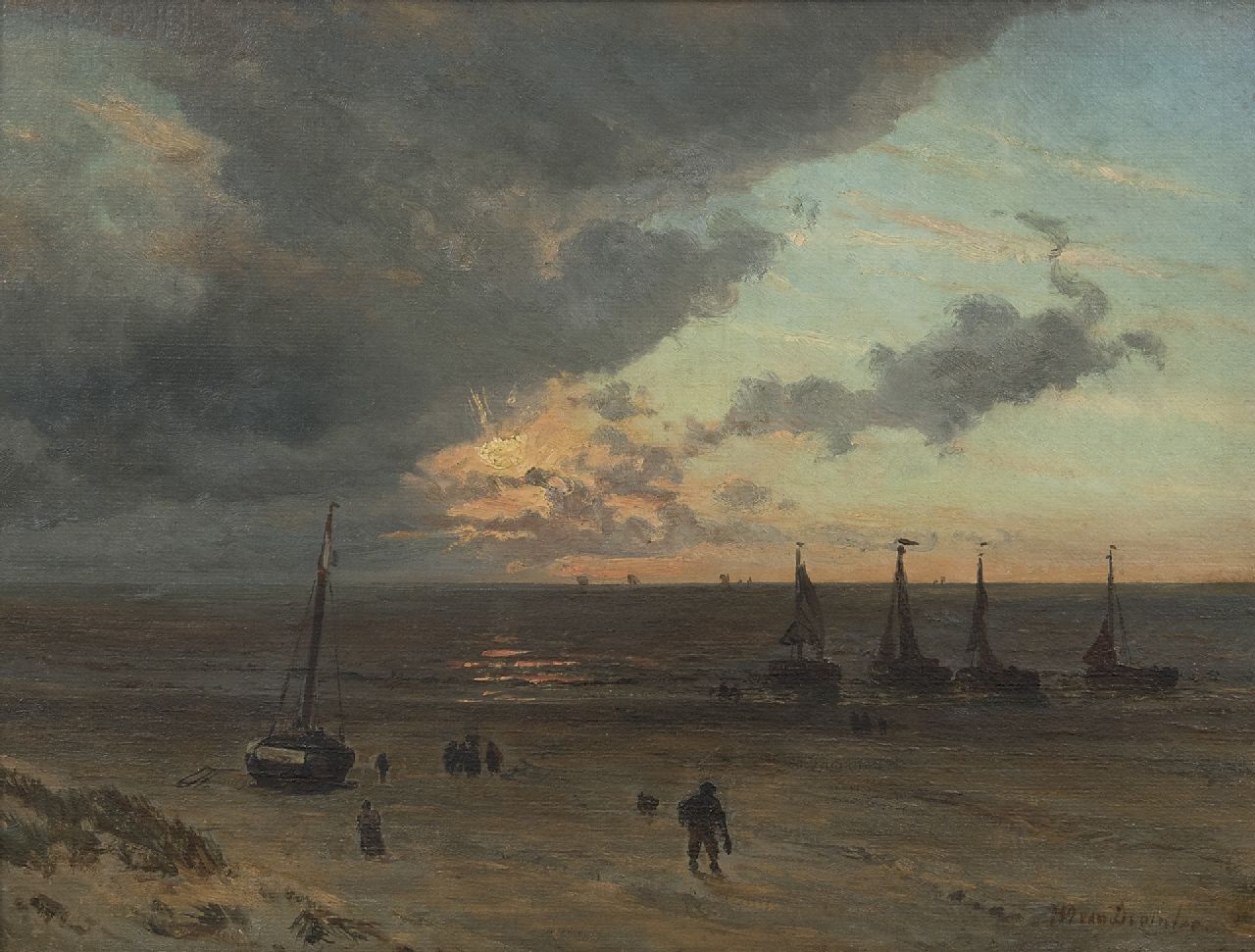 Deventer W.A. van | 'Willem' Anthonie van Deventer | Gemälde zum Verkauf angeboten | Strandansicht mit Fischerbooten bei untergehender Sonne, Öl auf Papier auf Holz 32,0 x 41,6 cm, Unterzeichnet r.u.