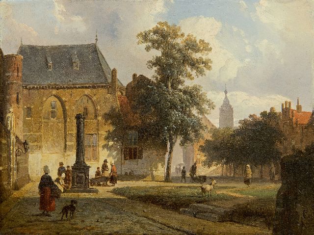 Cornelis Springer | Sonniger Stadtplatz mit Figuren an einem Brunnen, Öl auf Holz, 16,3 x 21,7 cm, Unterzeichnet u.r. mit Monogramm und datiert '51