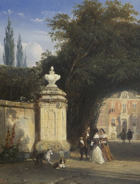 Cornelis Springer | Elegante Gesellschaft beim Schlossgarten von Schloss Nederhorst, Öl auf Holz, 25,6 x 20,1 cm, Unterzeichnet u.l. mit Monogramm und datiert '48