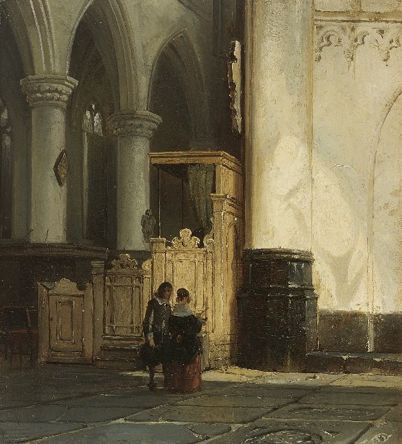 Cornelis Springer | A Dutch church interior with 17th century figures, Öl auf Holz, 27,8 x 25,0 cm, signed l.r. with monogram und dated 1849