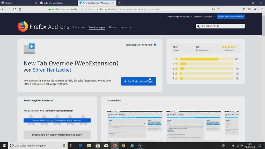 Das Addon New Tab Override zum Firefox hinzufügen - Mozilla Firefox Startseite und Tabs ändern