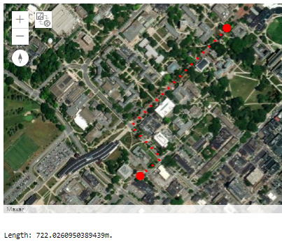 Map widget produced by the previous code example showing the drawn route