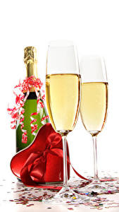 Images Sparkling wine Valentine's Day White background Bottles Stemware Heart Gifts Bowknot Food