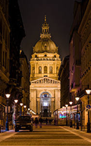 Image Hungary Budapest Houses Cathedral Street Street lights St. Stephen's Basilica