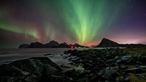 Bilder Norwegen Lofoten Gebirge Aurora borealis Natur