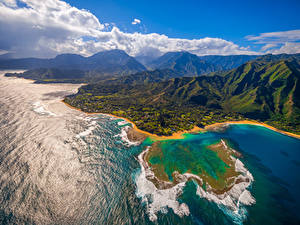 Фото США Горы Парки Океан Гавайские острова Облачно Сверху Napali Coast Природа