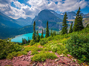 Фотографии США Парк Горы Озеро Пейзаж Облака Glacier National Park