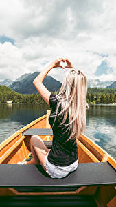 Wallpaper Boats Blonde girl Sit Hands Heart young woman