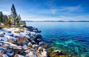 Bilder USA See Küste Winter Landschaftsfotografie Himmel Bäume Nevada Lake Tahoe Natur