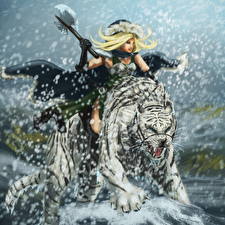 Bilder Krieger Tiger Schnee Streitaxt Grinsen Fantasy