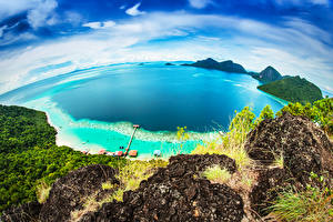 Hintergrundbilder Malaysia Tropen Küste Himmel Meer Felsen Von oben Bohey Dulang Island Natur