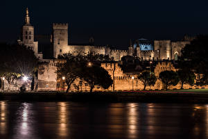 Фото Прованс Франция Дома Реки Берег Дворца Ночь Дерево Уличные фонари Avignon Города