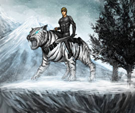 Bilder Krieger Tiger Magische Tiere Schwert Fantasy