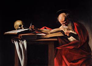 Фотографии Живопись Пожилой мужчина Книги Caravaggio, Saint Jerome Writing