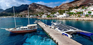 Hintergrundbilder Griechenland Haus Seebrücke Segeln Schiff Berg Tilos Städte