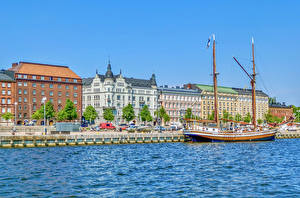 Fotos Finnland Helsinki Gebäude Fluss Schiffsanleger Schiff Segeln Städte