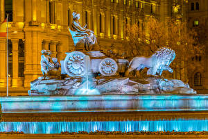 Hintergrundbilder Spanien Madrid Springbrunnen Skulpturen Abend Cibeles Fountain