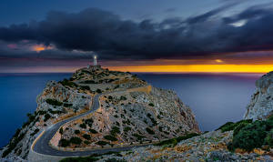 Bilder Spanien Mallorca Meer Abend Leuchtturm Straße Sonnenaufgang Natur