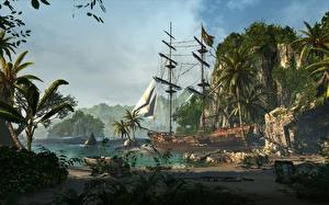 Hintergrundbilder Tropen Schiff Segeln Boot Assassin's Creed 4 Black Flag Palmengewächse Felsen Kleine Bucht computerspiel 3D-Grafik