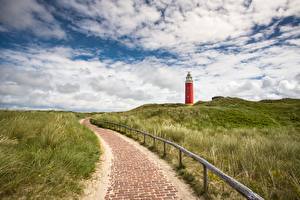 桌面壁纸，，荷兰，灯塔，天空，草，人行道，Eierland Lighthouse, Texel island，大自然