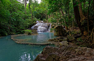 Papel de Parede Desktop Tailândia Floresta Parques Cachoeira Pedras árvores Córregos Erawan National park Naturaleza