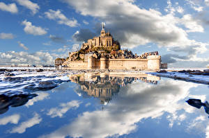 桌面壁纸，，法国，岸，要塞，城堡，云，倒影，Le Mont-Saint-Michel，大自然