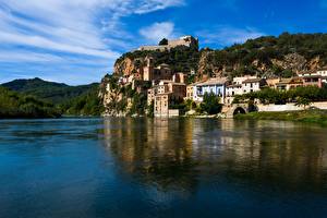 桌面壁纸，，西班牙，要塞，河流，城堡，Tarragona, Castle Miravet, Ebro river，