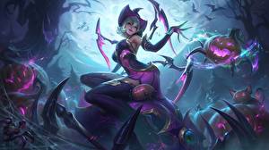 Bureaubladachtergronden Toverheks League of Legends Halloween Hoed Elise videogames Jonge_vrouwen Fantasy