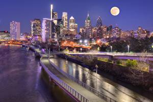 Papel de Parede Desktop Pontes Arranha-céus EUA Noite Megalópolis Lua Pensilvânia Philadelphia Cidades