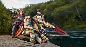 Bureaubladachtergronden Mikhail Davydov photographer Monster Hunter Cosplay Drie 3 Een harnas Zwaard Jonge_vrouwen Computerspellen Fantasy