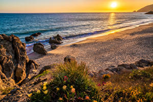 Papel de Parede Desktop Estados Unidos Costa Amanheceres e entardeceres Califórnia Praias Pegadas Malibu Beach