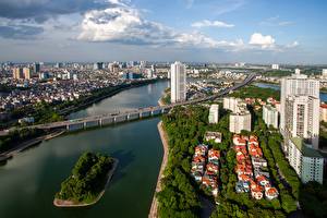 Картинки Речка Мосты Вьетнам Дома Hanoi, Hong River