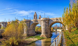 Desktop hintergrundbilder Spanien Madrid Herbst Fluss Brücke Skulpturen Straßenlaterne Natur